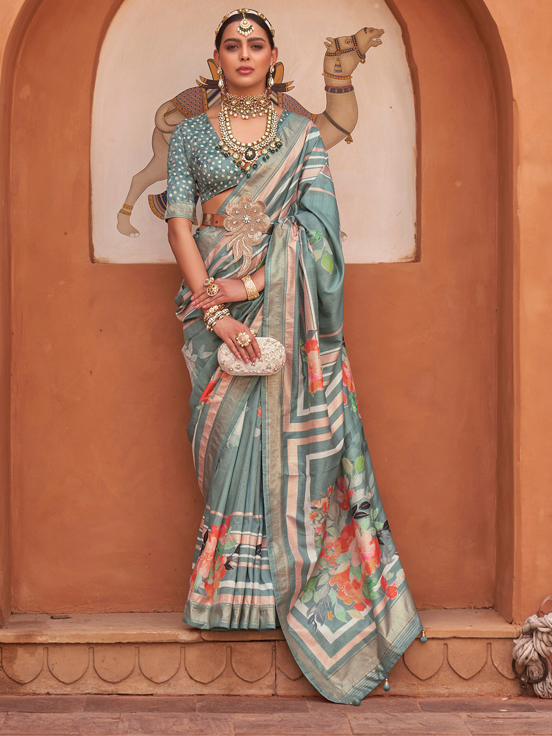 

elora Floral Printed Zari Pure Silk Bhagalpuri Saree, Grey