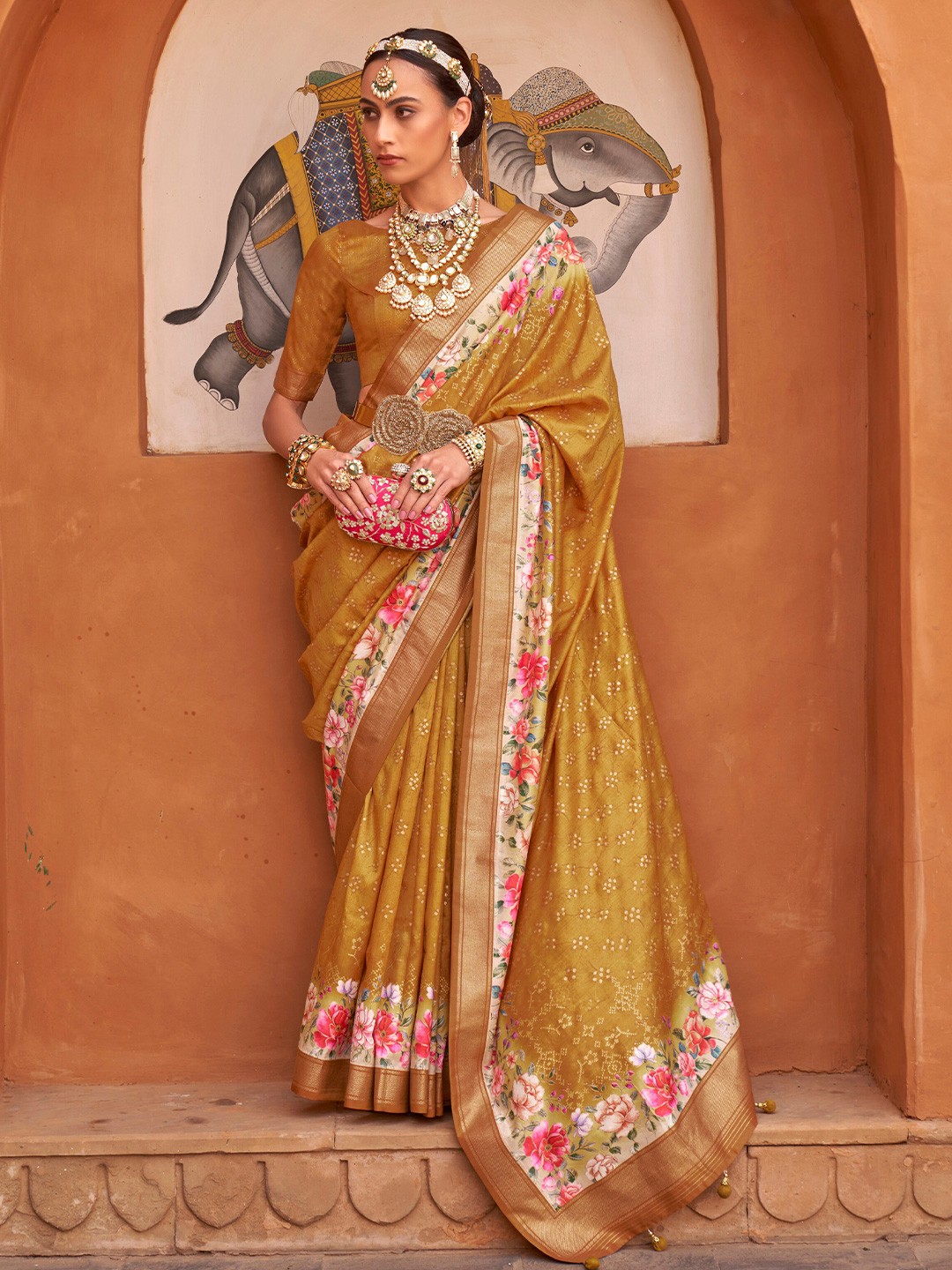 

elora Floral Printed Zari Pure Silk Bhagalpuri Saree, Mustard