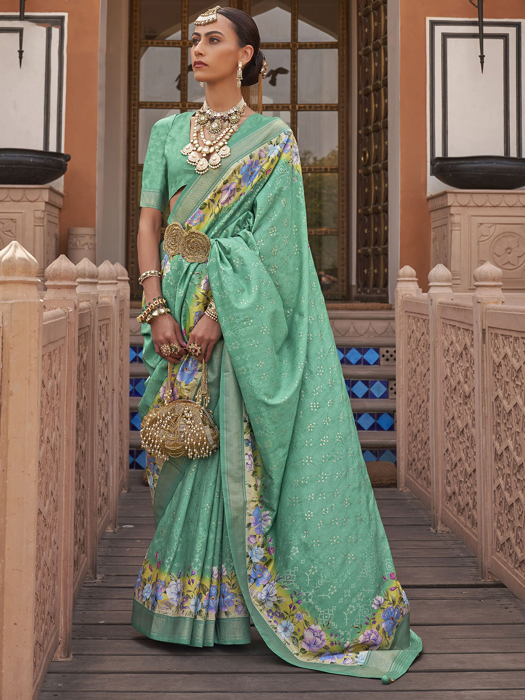 

elora Floral Printed Zari Pure Silk Bhagalpuri Saree, Sea green