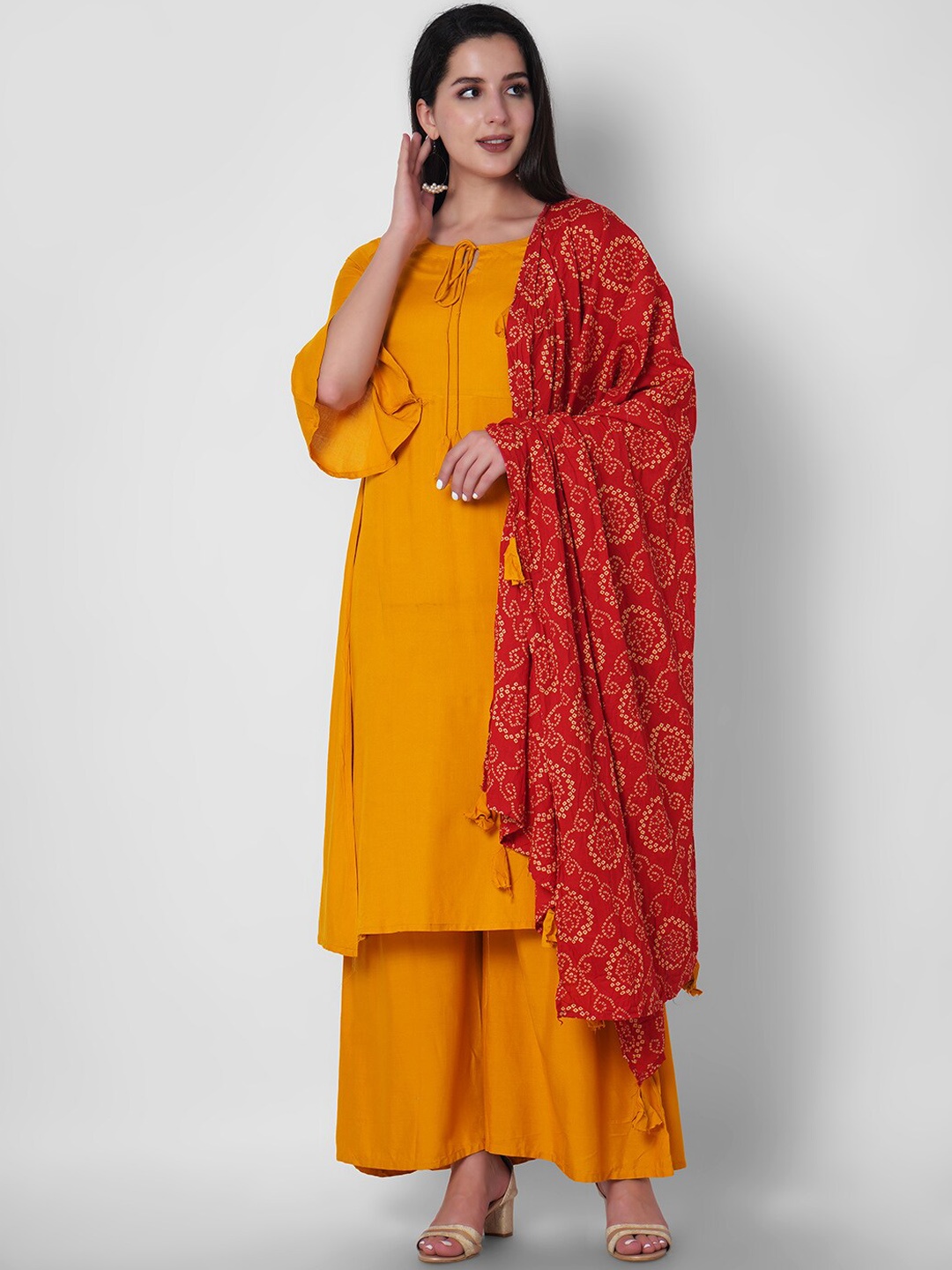 

KALINI Tie Up Neck Kurta With Palazzos & Dupatta, Yellow