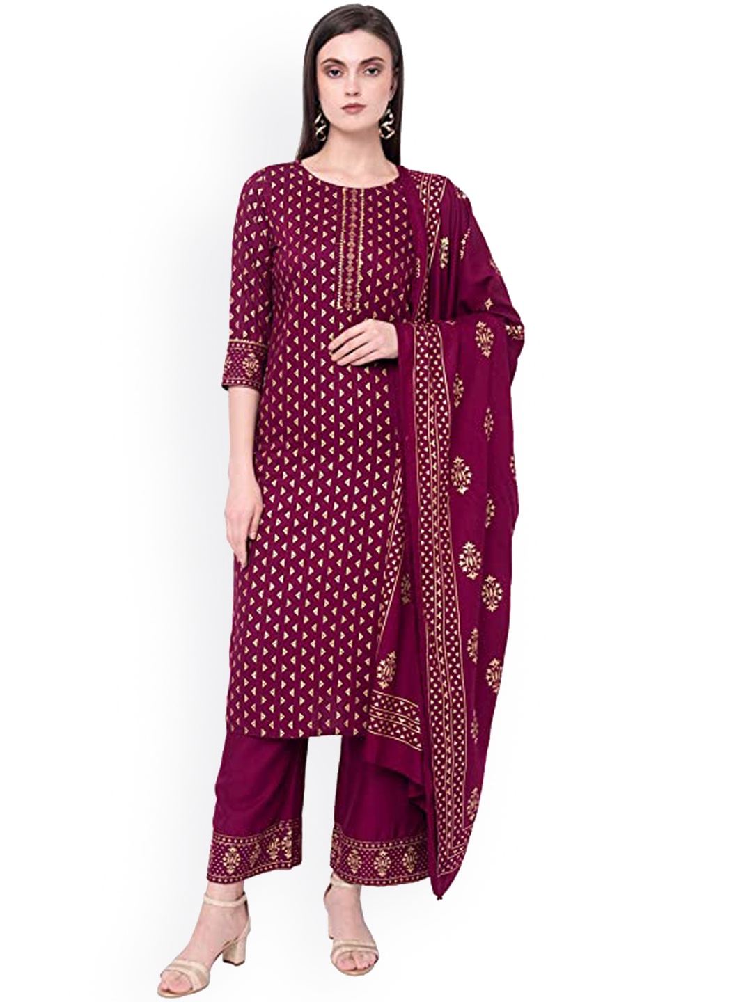 

KALINI Ethnic Motifs Printed Gotta Patti Kurta With Palazzos & Dupatta, Maroon