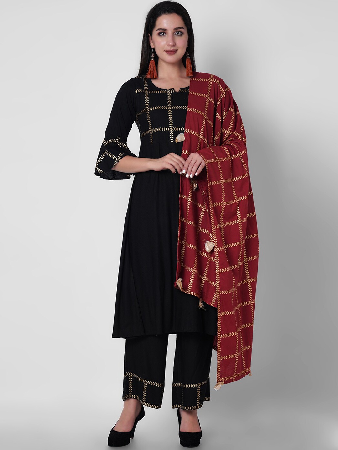 

KALINI Yoke Design Regular Thread Work Kurta with Palazzos & Dupatta, Black