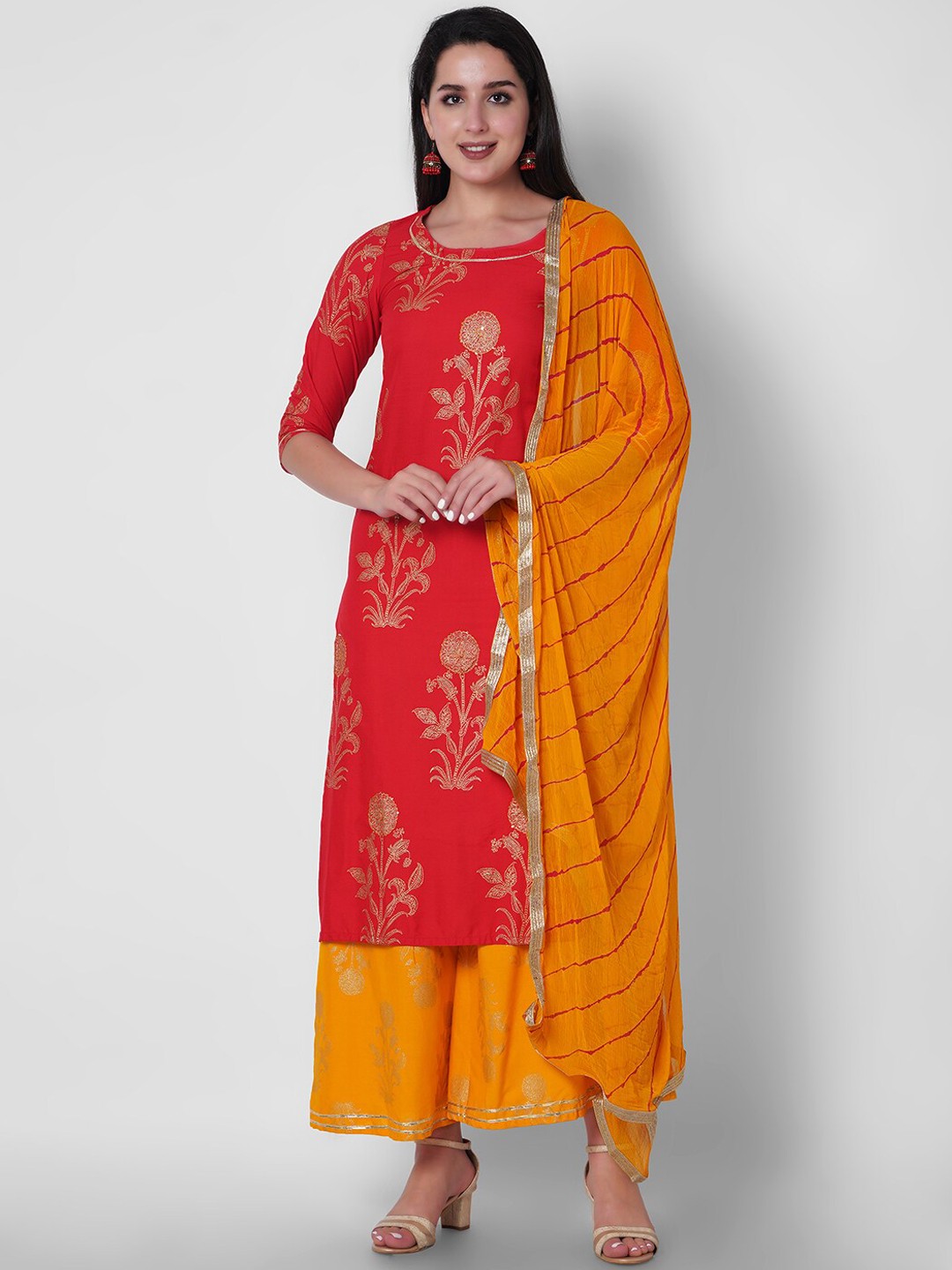 

KALINI Floral Printed Kurta & Palazzos With Dupatta, Red