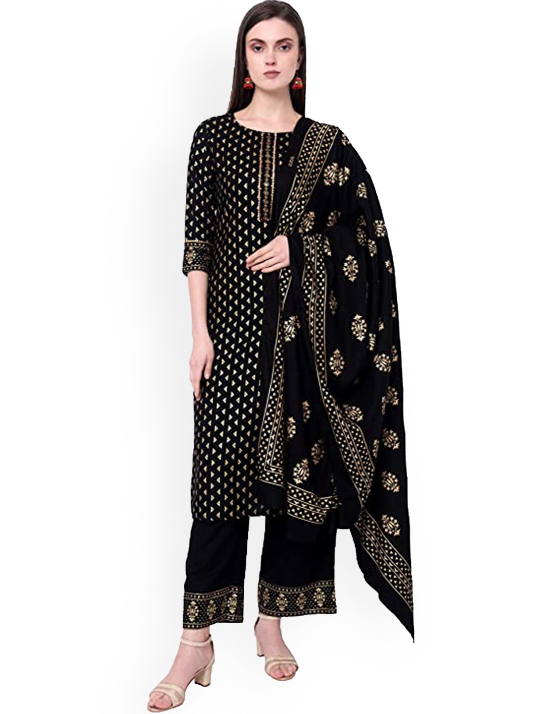 

KALINI Ethnic Motifs Printed Gotta Patti Kurta With Palazzos & Dupatta, Black