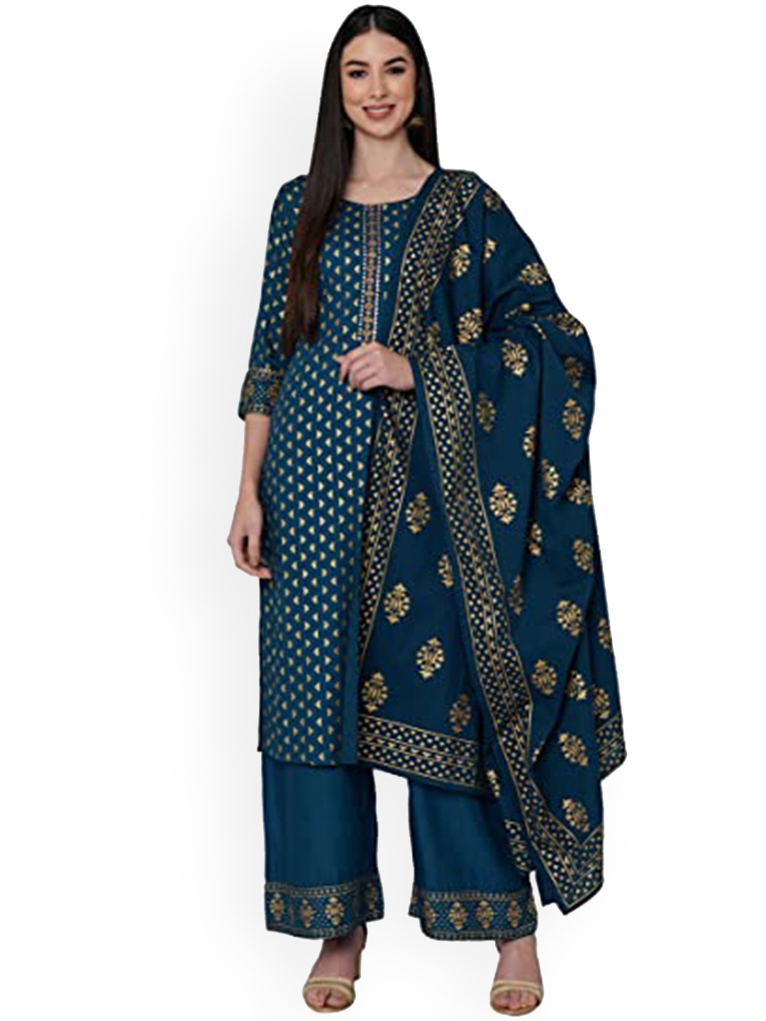 

KALINI Ethnic Motifs Printed Sequined Gotta Patti Kurta with Palazzos & Dupatta, Navy blue