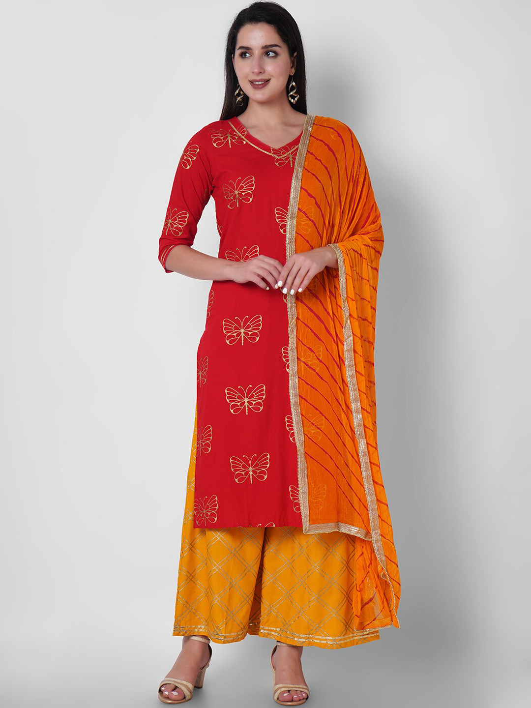

KALINI Ethnic Motifs Printed Regular Gotta Patti Kurta with Palazzos & With Dupatta, Red