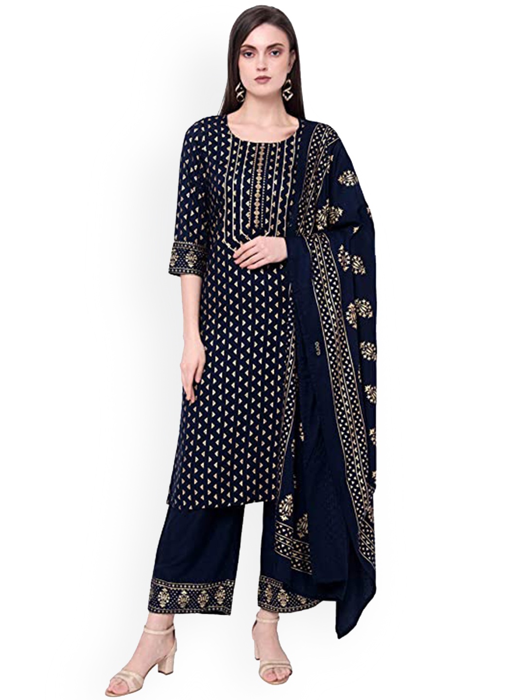 

KALINI Ethnic Motifs Printed Straight Gotta Patti Kurta With Palazzos & Dupatta, Blue
