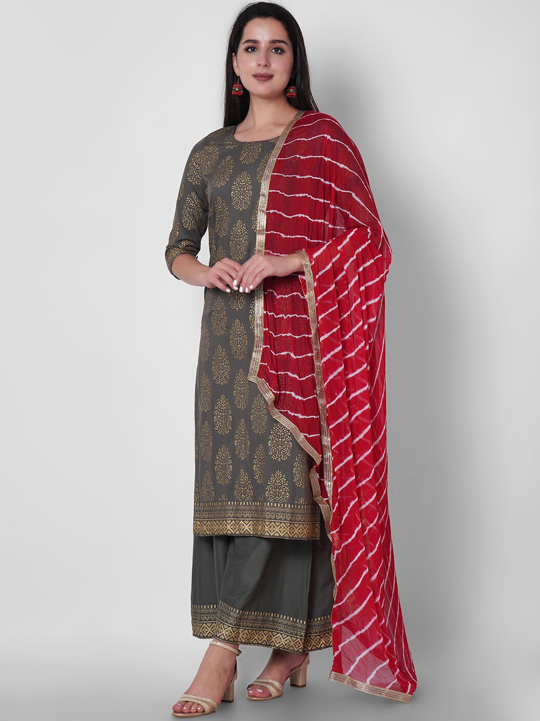 

KALINI Ethnic Motifs Printed Straight Gotta Patti Kurta With Palazzos & Dupatta, Grey