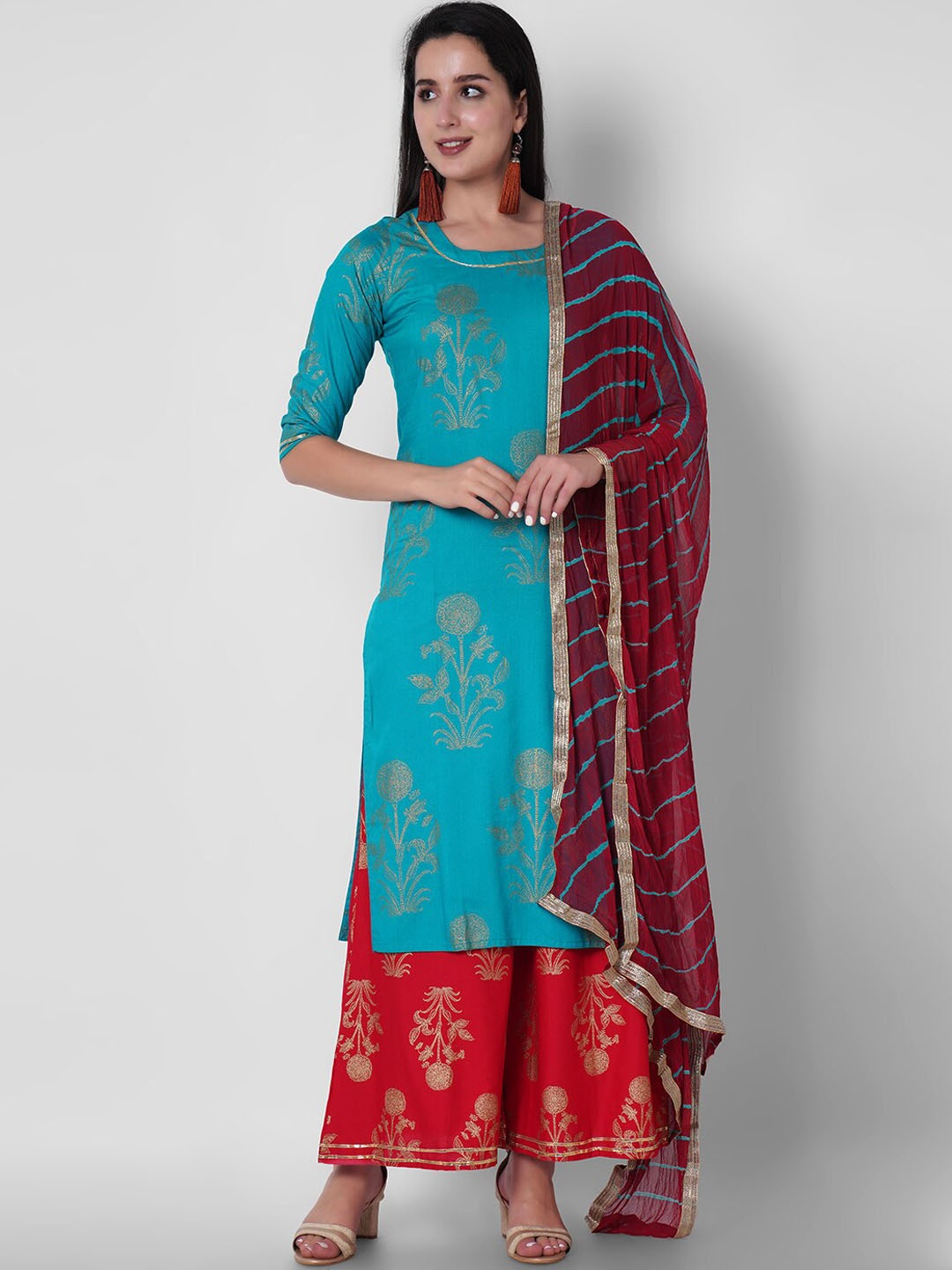 

KALINI Floral Printed Straight Gotta Patti Kurta With Palazzos & Dupatta, Sea green