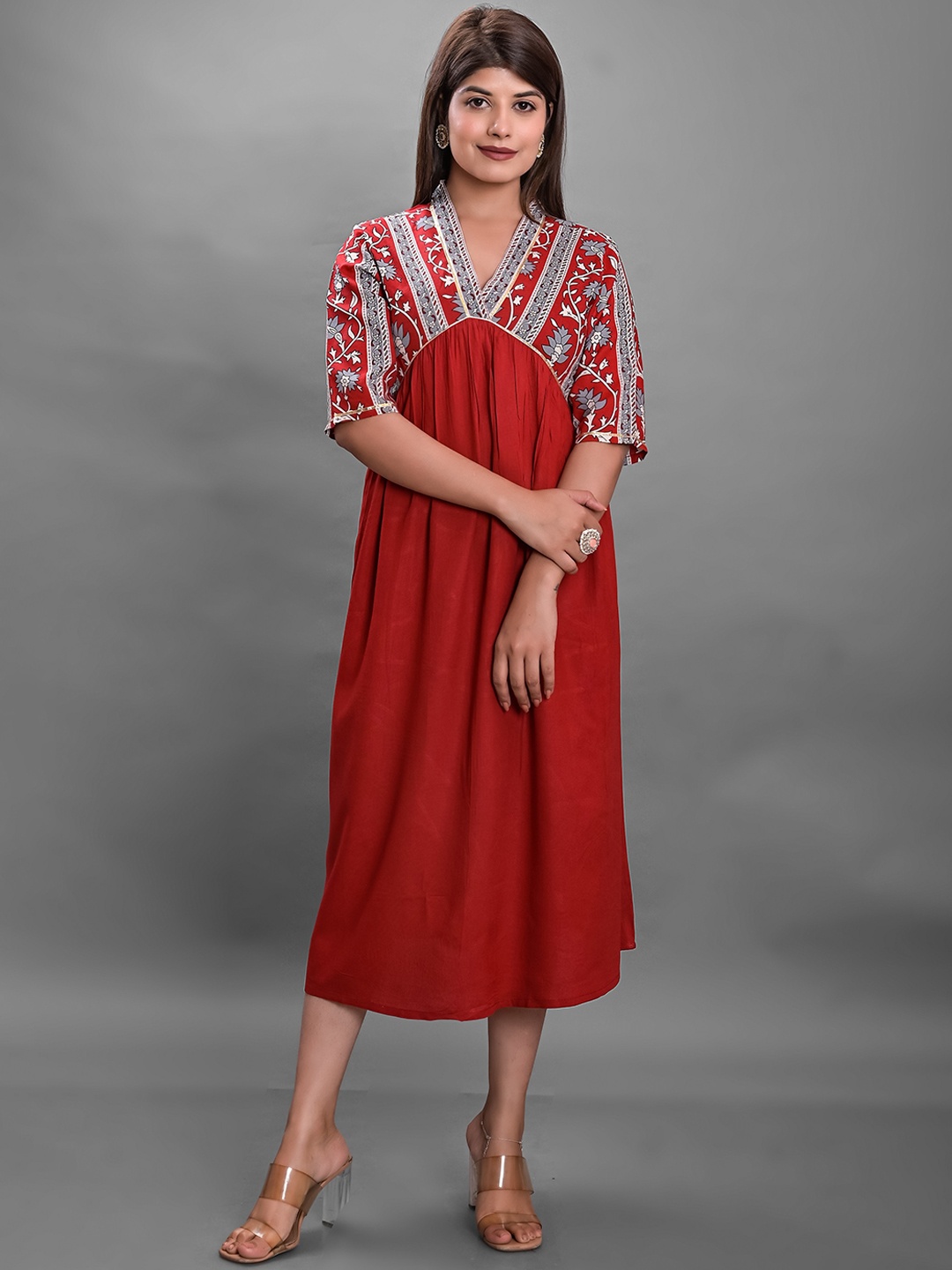 

JAIPUR FASHION MODE V-Neck Floral Printed Ethnic Dress, Red