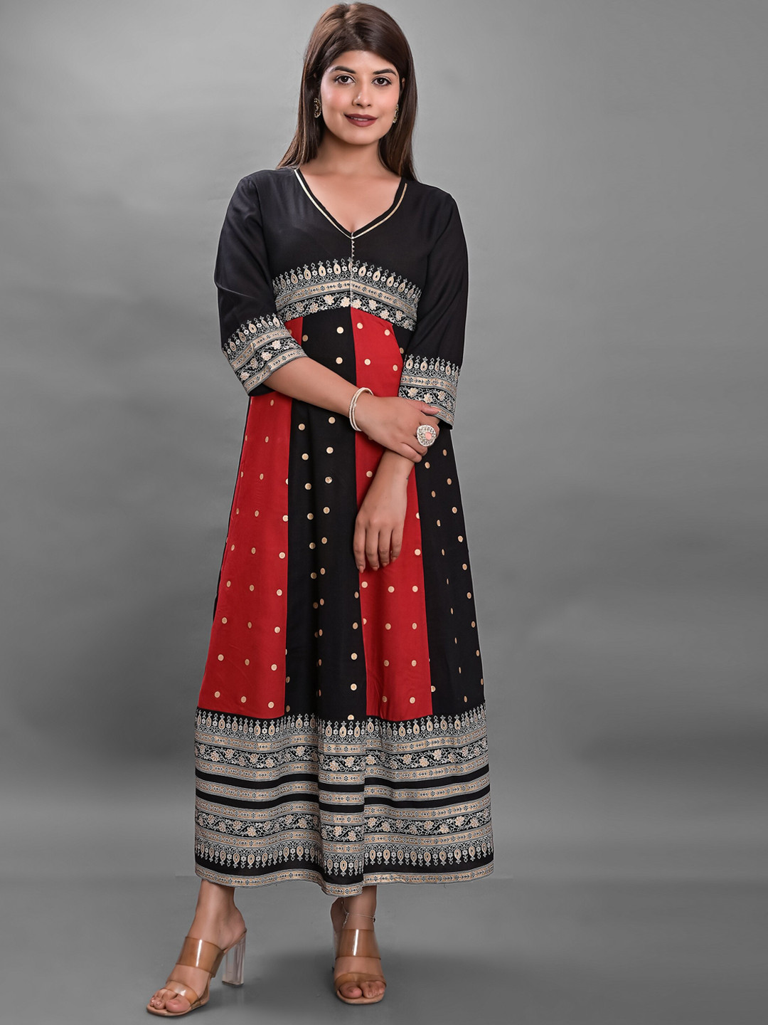 

JAIPUR FASHION MODE Ethnic Motifs Printed Gotta Patti A-Line Ethnic Dress, Black