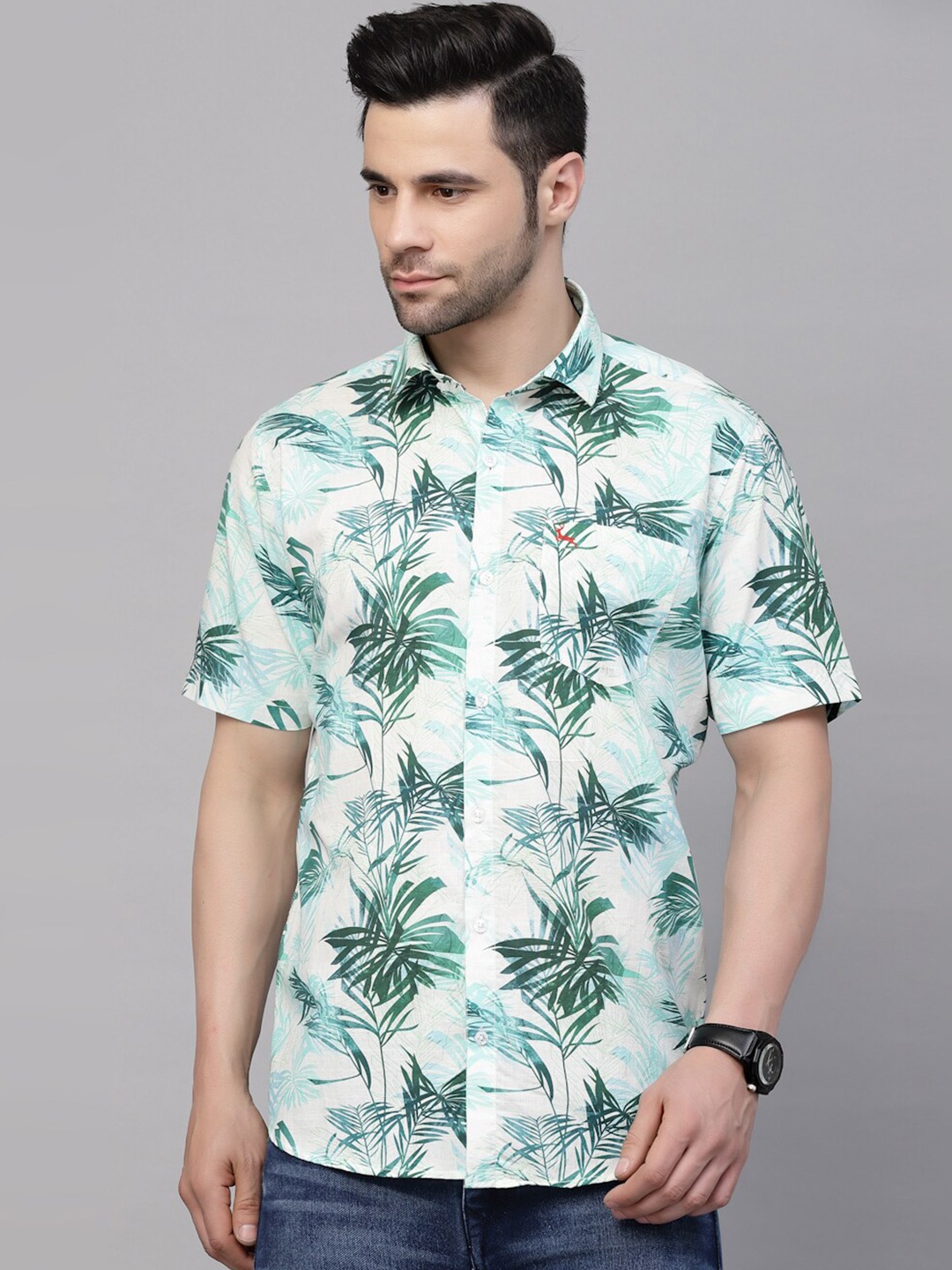 

VALBONE Tropical Printed Original Opaque Cotton Casual Shirt, Green