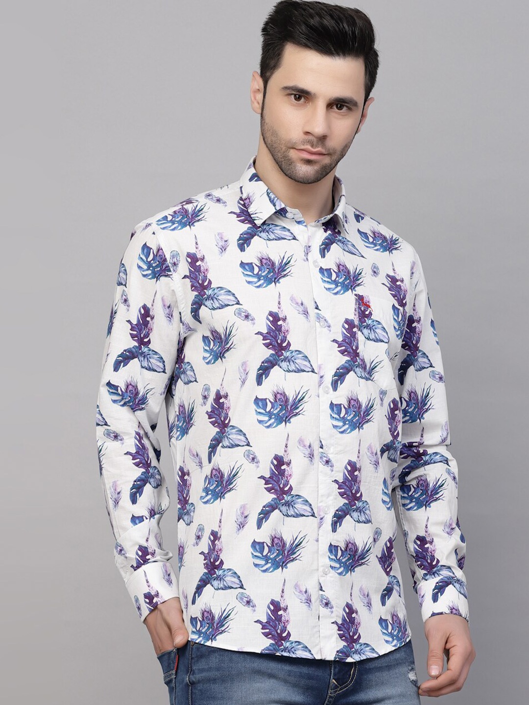 VALBONE Original Floral Printed Cotton Casual Shirt, White