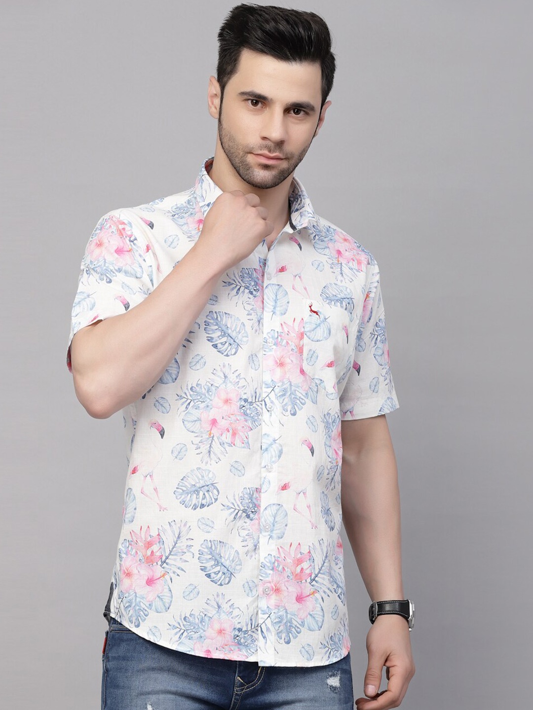 

VALBONE Printed Spread Collar Original Floral Opaque Cotton Casual Shirt, White