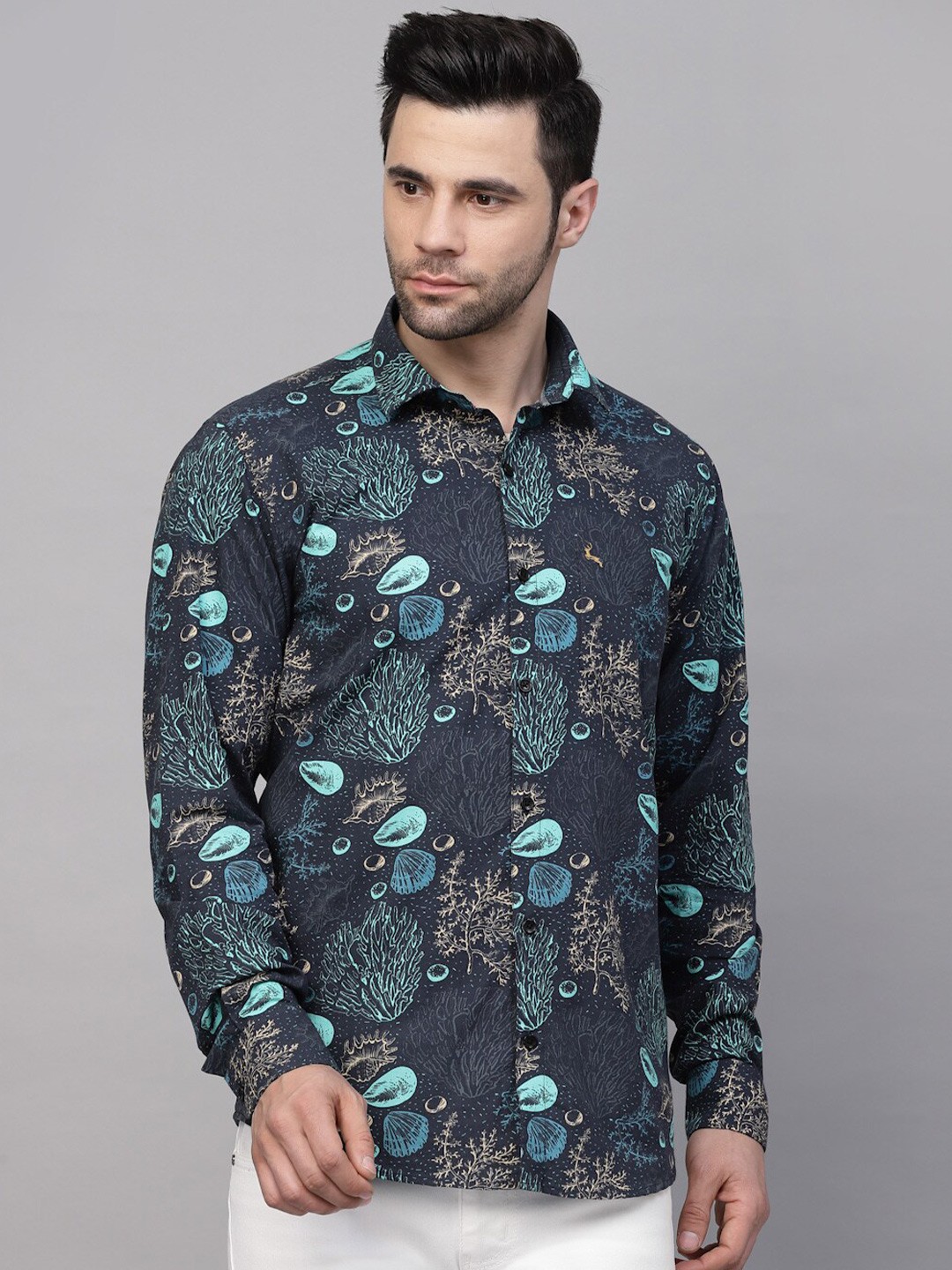 

VALBONE Printed Original Floral Opaque Cotton Casual Shirt, Navy blue