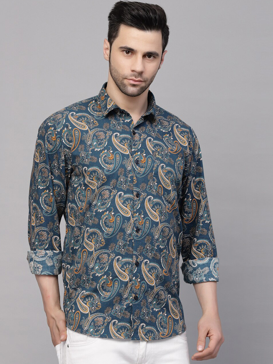 

VALBONE Ethnic Motif Printed Original Opaque Cotton Casual Shirt, Navy blue
