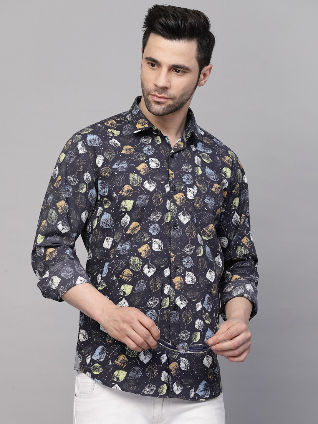 

VALBONE Floral Printed Original Opaque Cotton Casual Shirt, Navy blue
