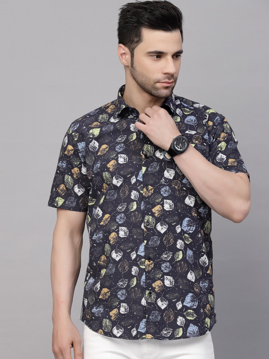 

VALBONE Floral Printed Original Opaque Cotton Casual Shirt, Navy blue
