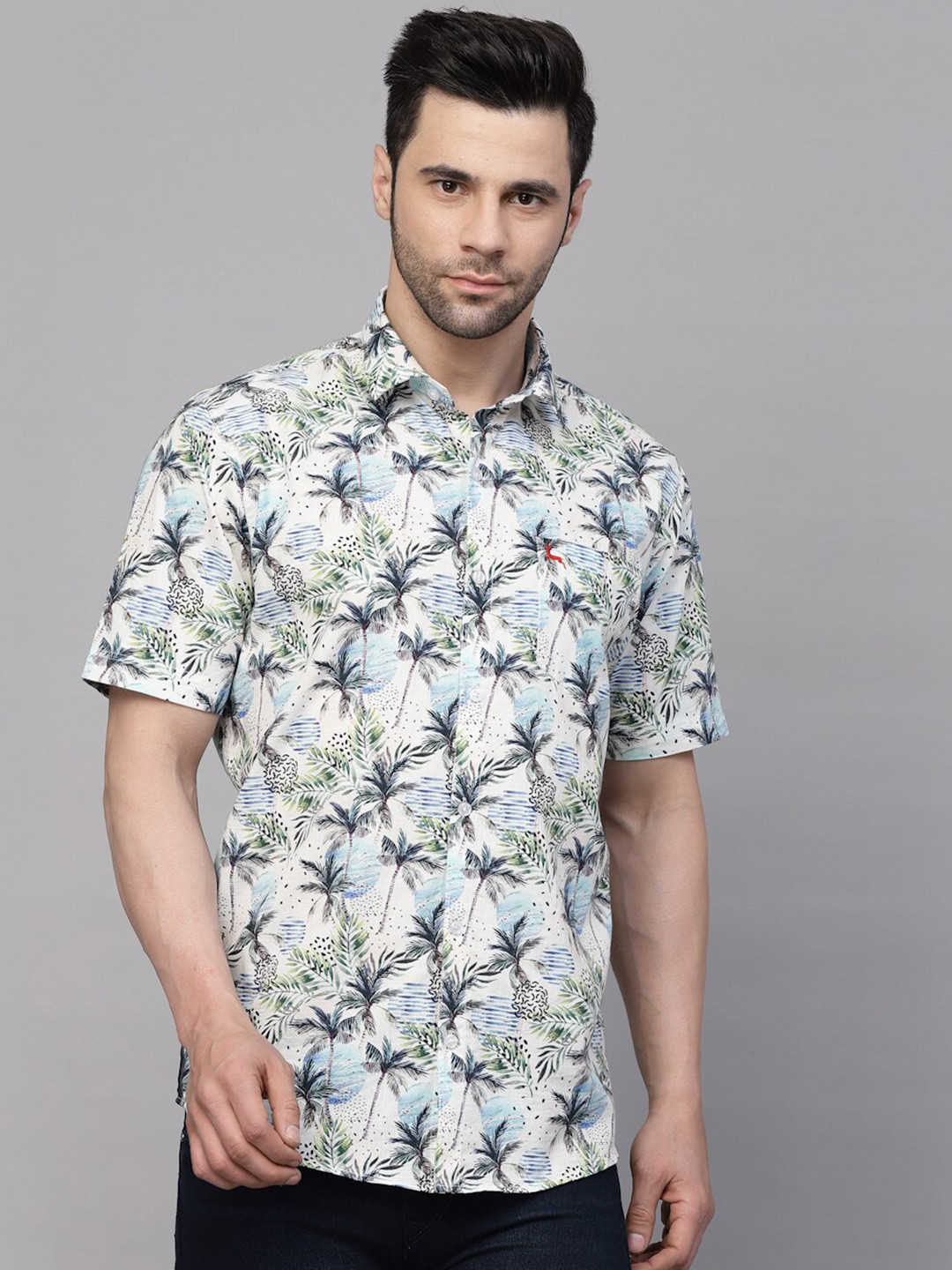 

VALBONE Tropical Printed Original Opaque Cotton Casual Shirt, White