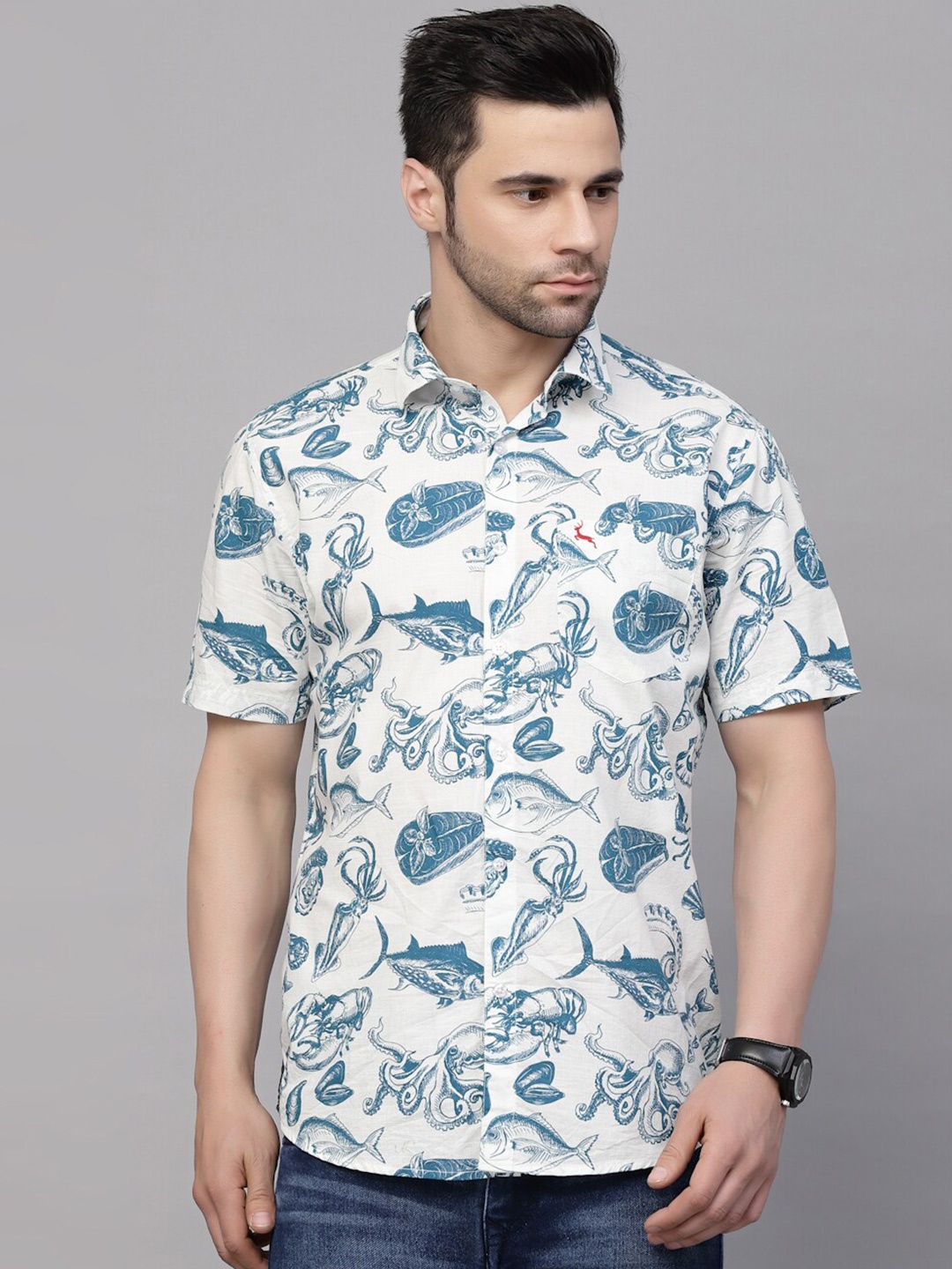 

VALBONE Conversational Printed Original Opaque Cotton Casual Shirt, White