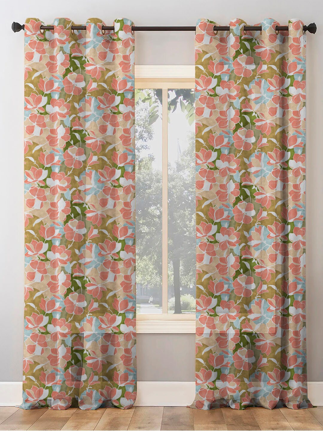 

SPACES 2 Pieces Tan Brown & Green Floral Room Darkening Door Curtain