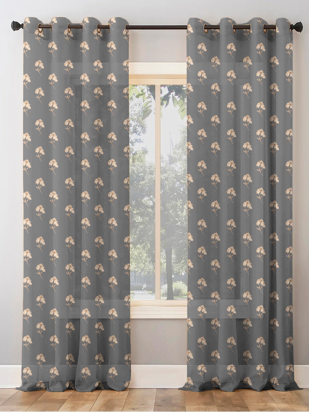 

SPACES 2 Pieces Grey & White Floral Room Darkening Door Curtain