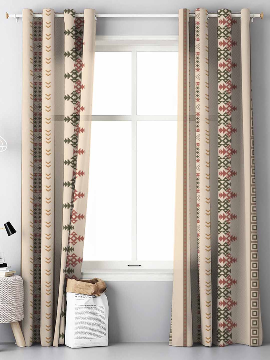 

SPACES 2 Pieces Khaki & Red Ethnic Motifs Room Darkening Door Curtain