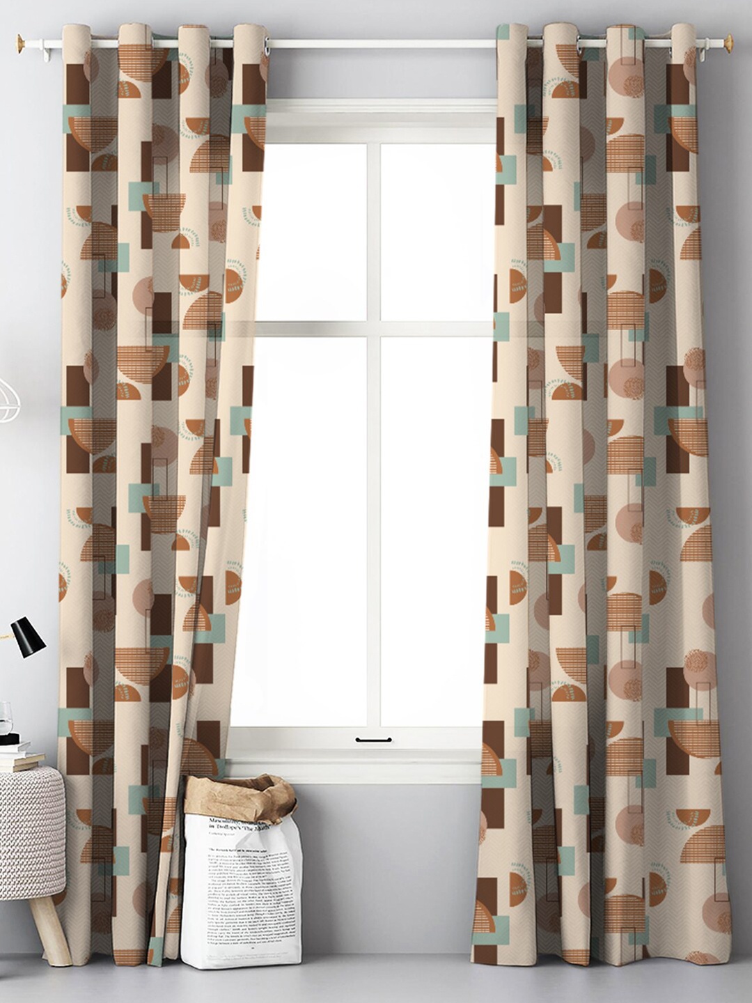 

SPACES 2 Pieces Cream-Coloured & Brown Geometric Room Darkening Door Curtain
