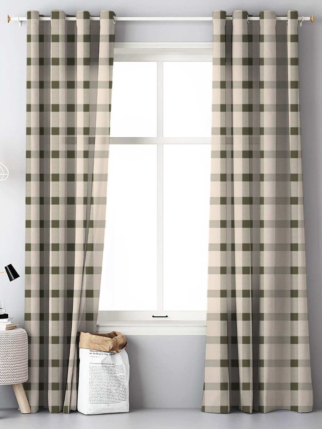 

SPACES 2 Pieces Khaki & Cream-Coloured Geometric Room Darkening Door Curtain