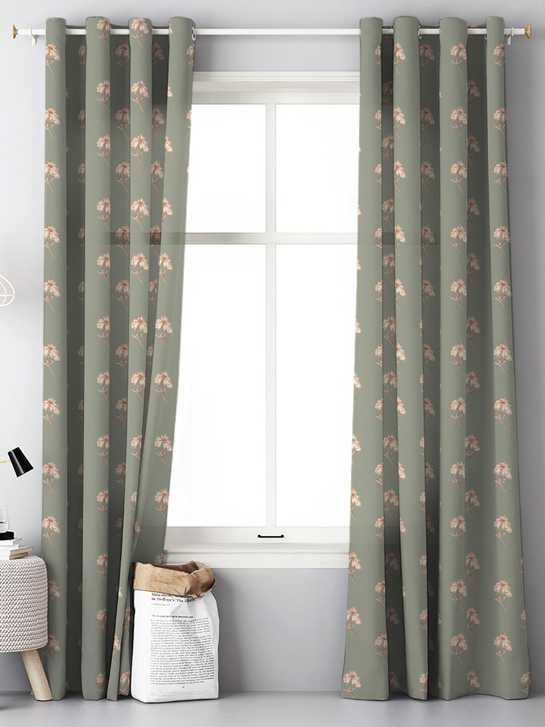 

SPACES 2 Pieces Green & White Floral Room Darkening Door Curtain