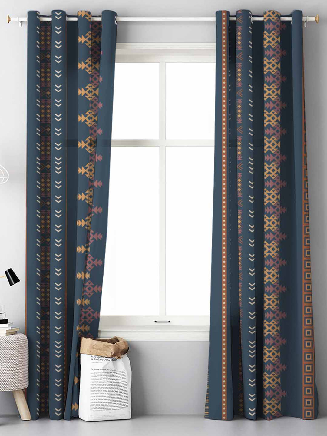 

SPACES 2 Pieces Blue & Cream-Coloured Ethnic Motifs Room Darkening Door Curtain