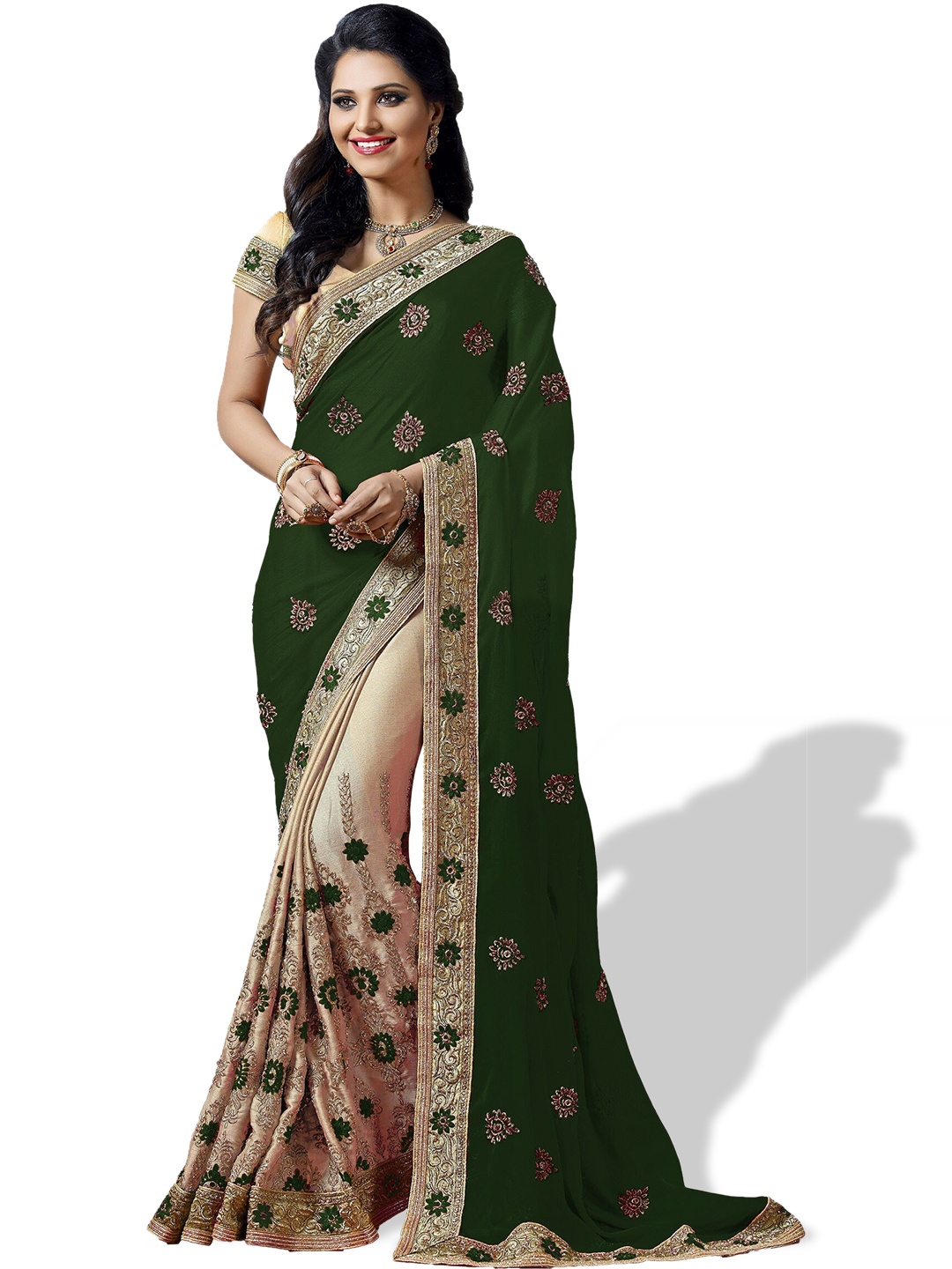 

Kedar Fab Floral Embroidered Half and Half Saree, Green