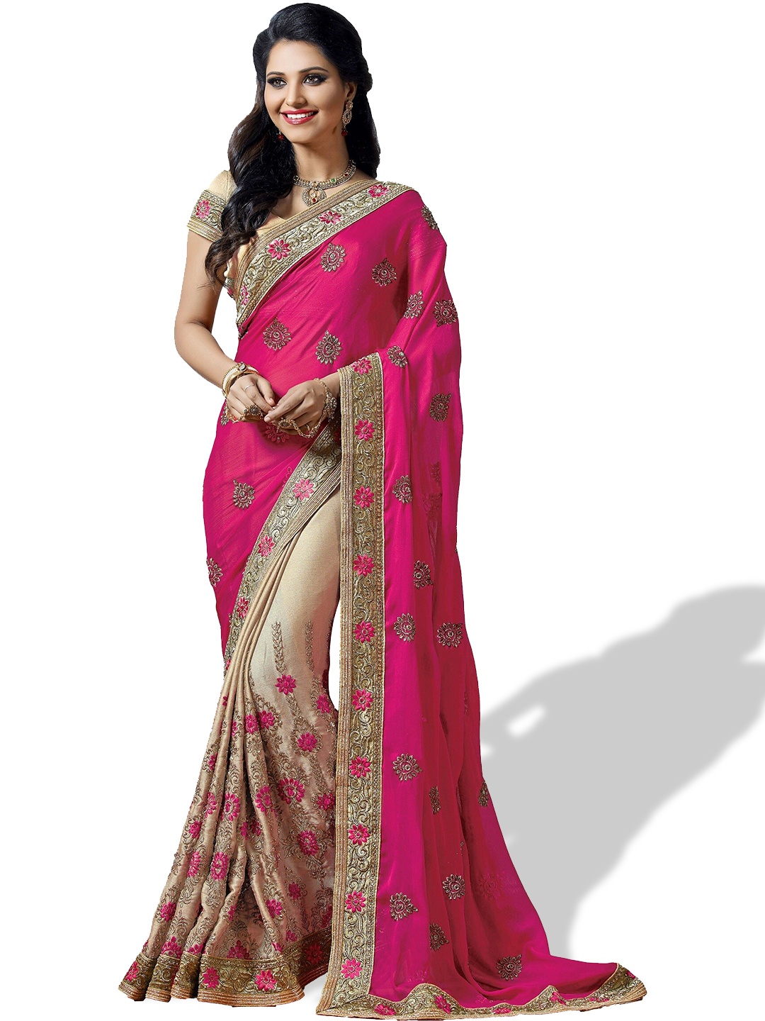 

Kedar Fab Floral Embroidered Half and Half Saree, Pink