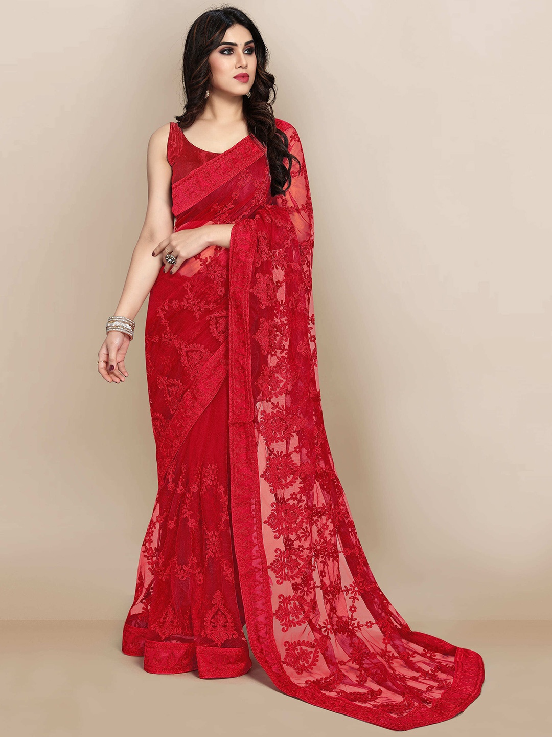 

Kedar Fab Floral Embroidered Organza Saree, Red