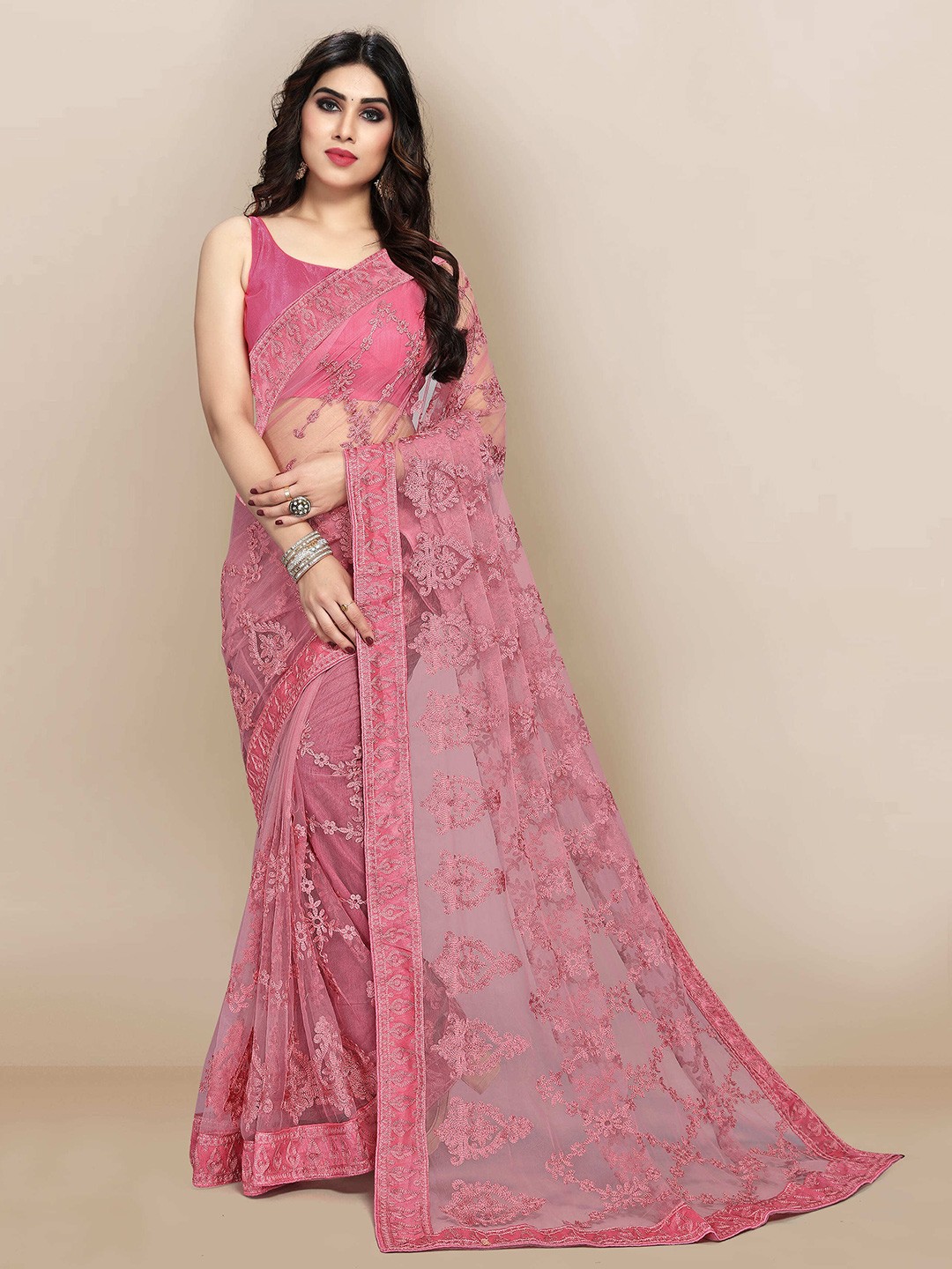 

Kedar Fab Floral Embroidered Organza Saree, Pink
