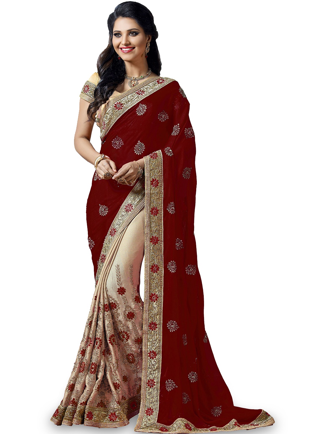 

Kedar Fab Floral Embroidered Half and Half Saree, Maroon