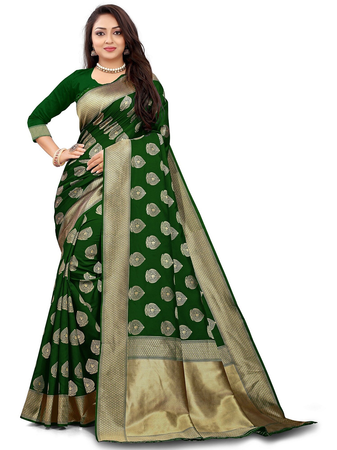 

Kedar Fab Ethnic Motifs Woven Design Zari Saree, Green