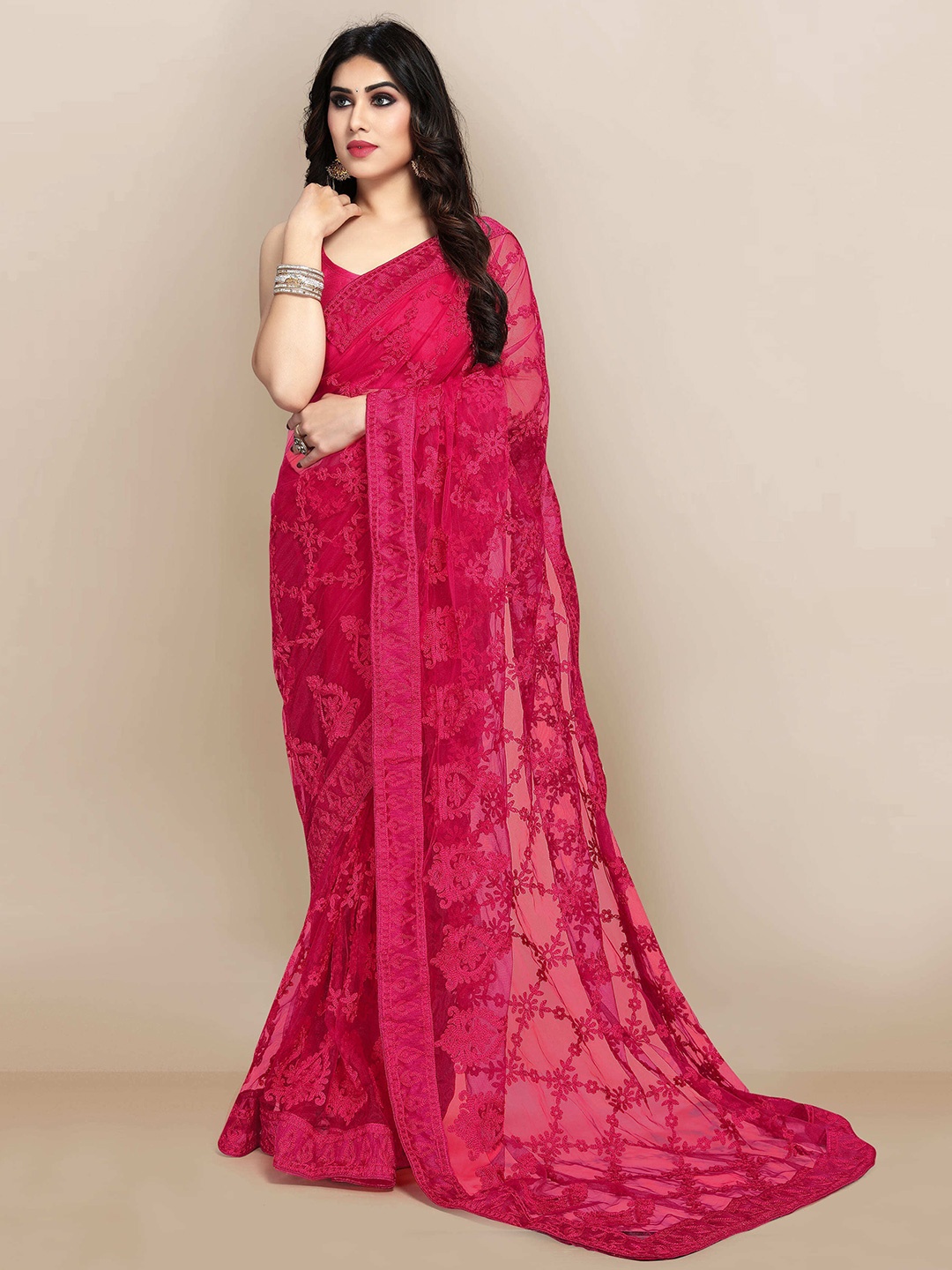 

Kedar Fab Floral Embroidered Organza Saree, Pink
