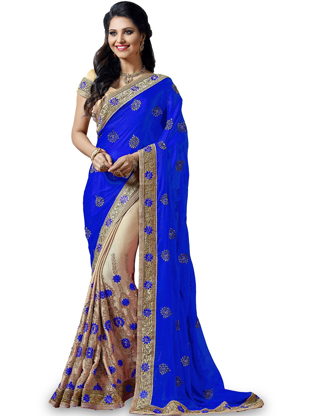 

Kedar Fab Floral Embroidered Half and Half Saree, Blue