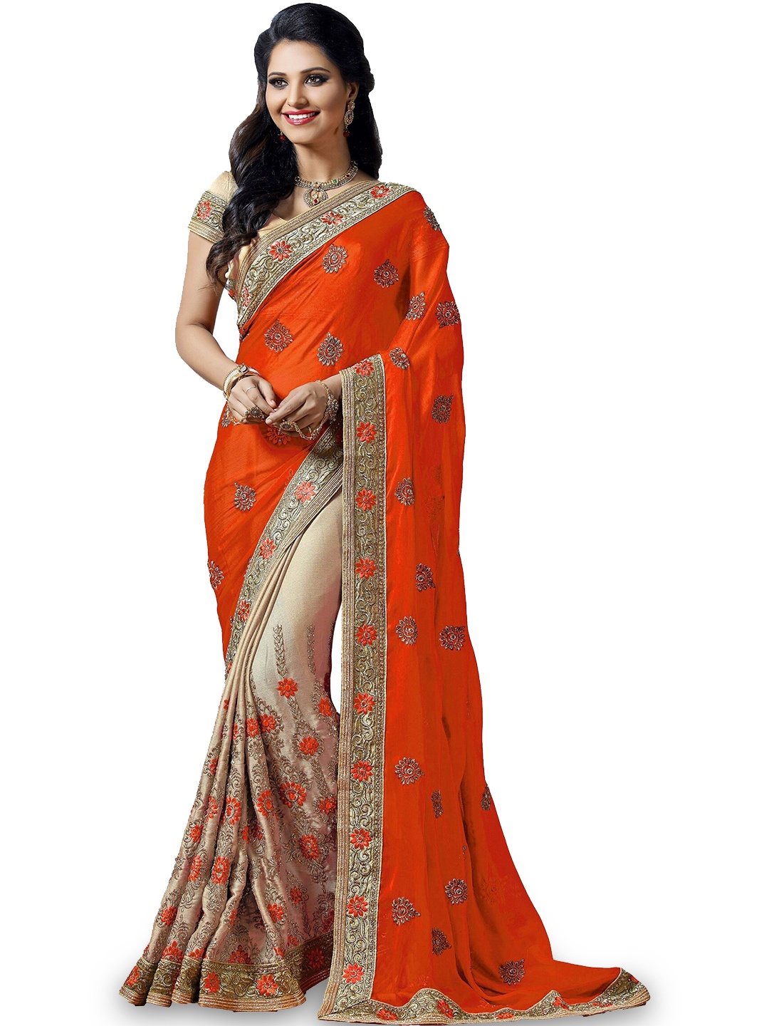 

Kedar Fab Floral Embroidered Half and Half Saree, Orange