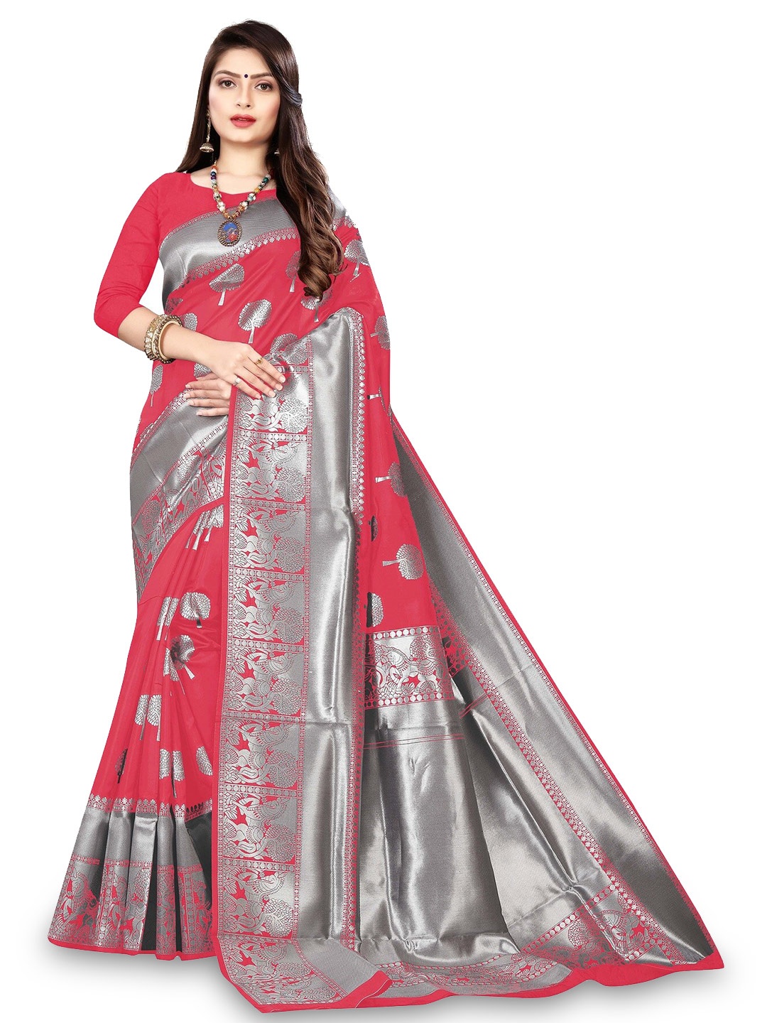 

Kedar Fab Floral Woven Design Zari Saree, Pink