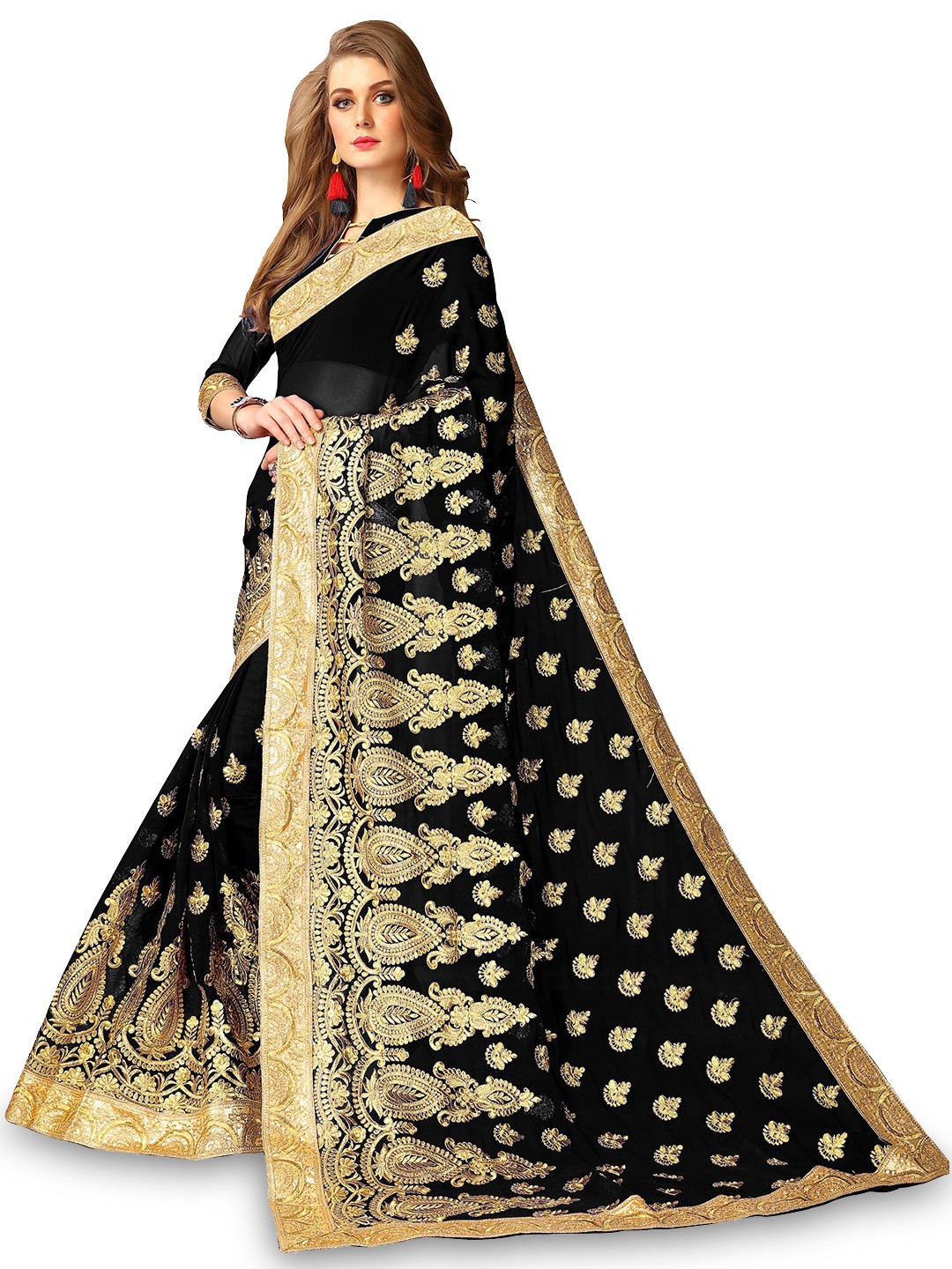 

Kedar Fab Floral Embroidered Saree, Black