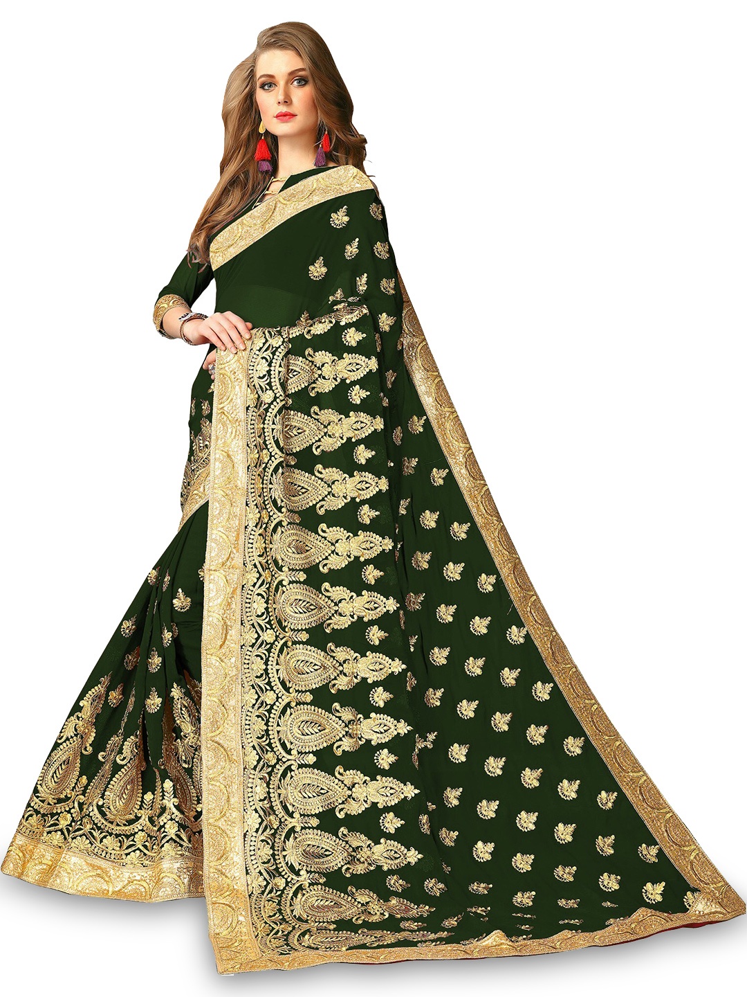 

Kedar Fab Embroidered Silk Blend Saree, Green