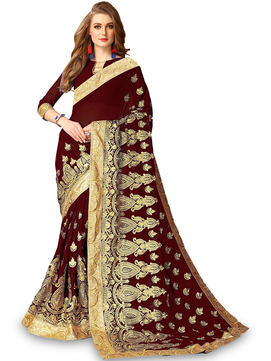 

Kedar Fab Embroidered Silk Blend Saree, Maroon