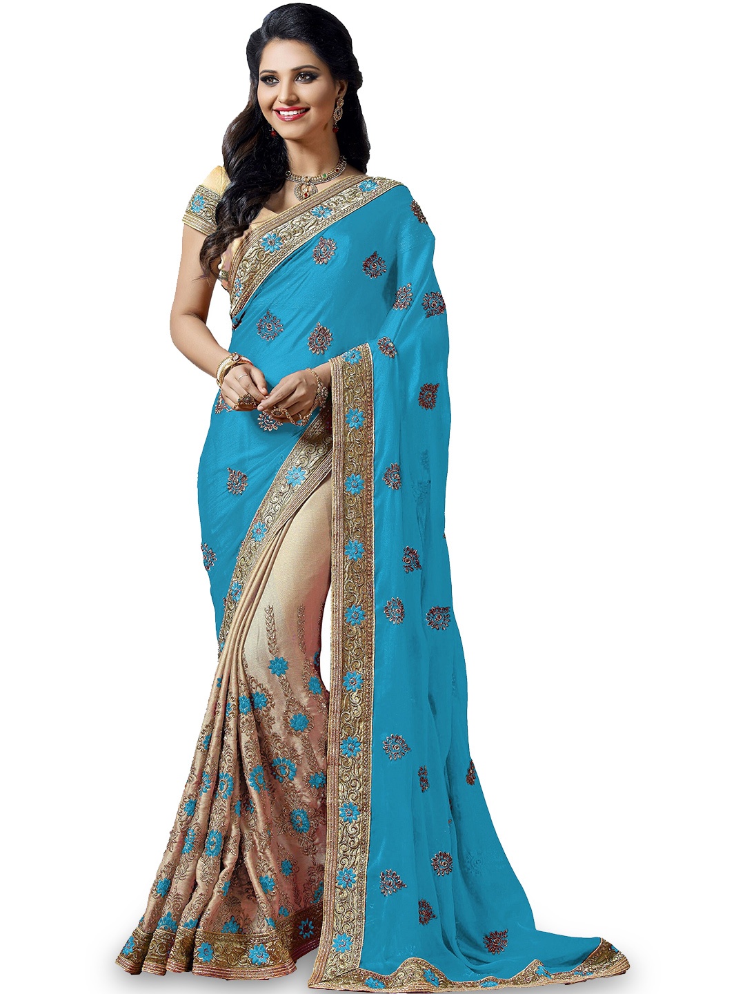 

Kedar Fab Floral Embroidered Half and Half Saree, Blue