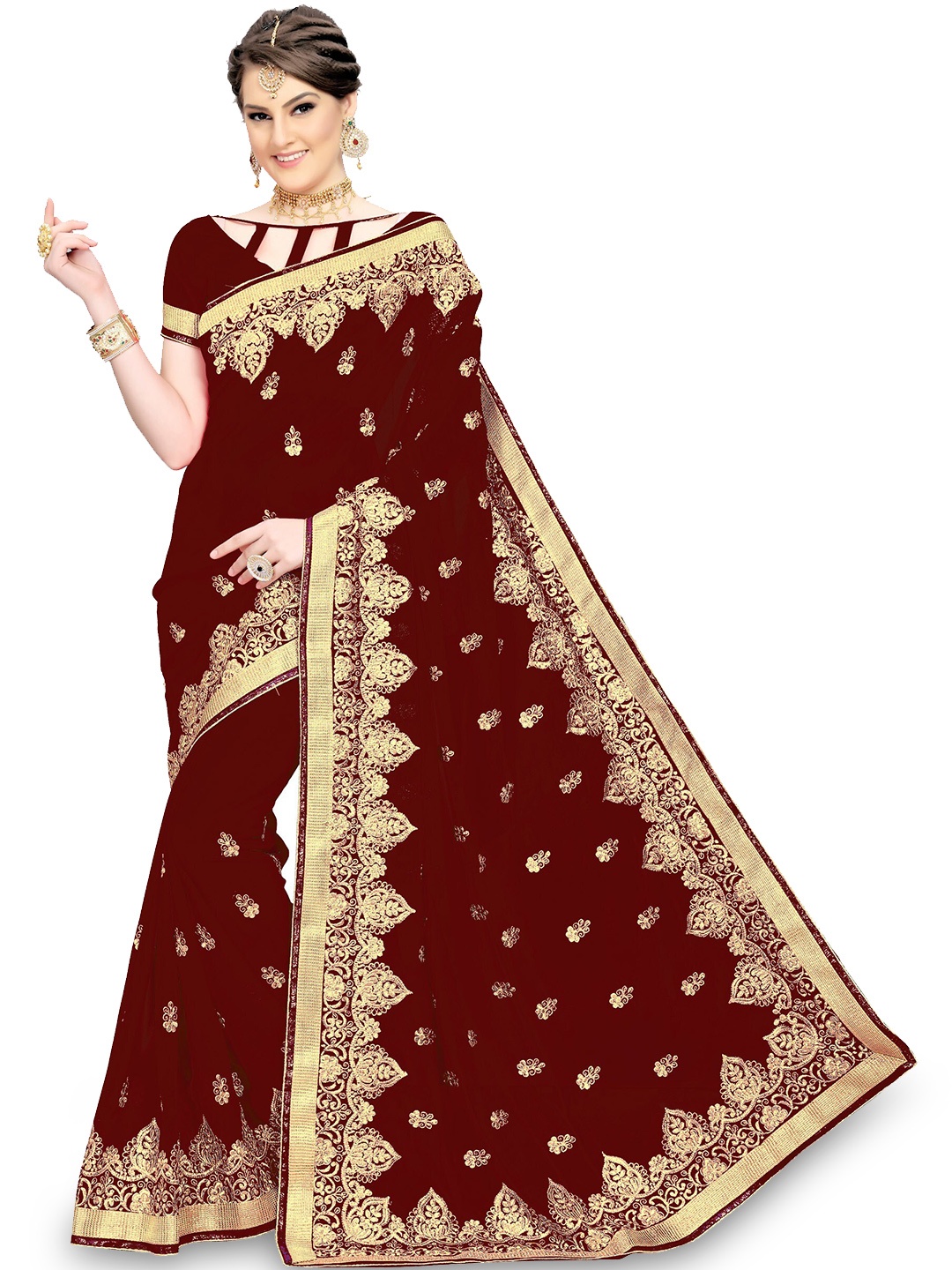 

Kedar Fab Ethnic Motifs Embroidered Saree, Maroon