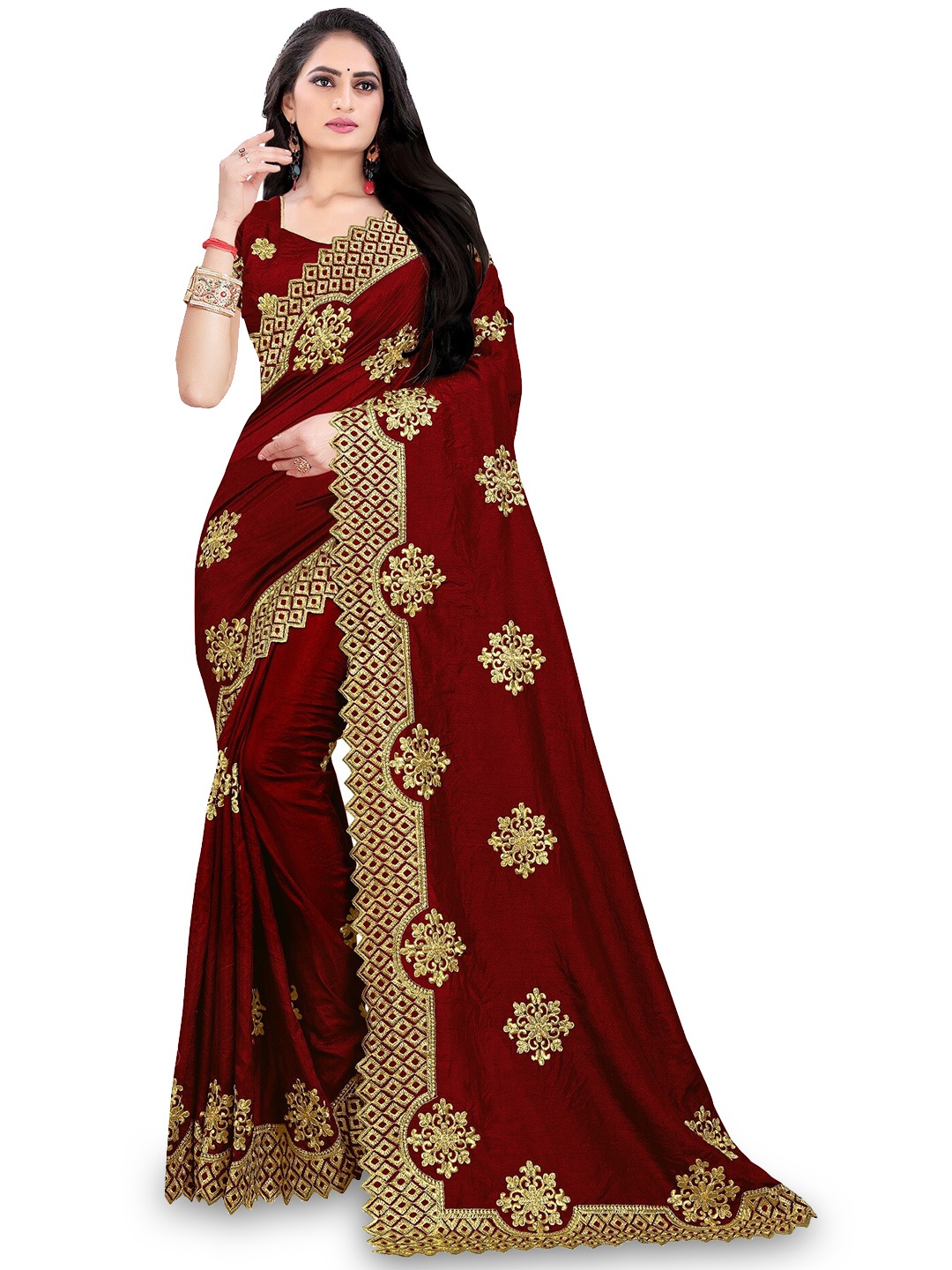 

Kedar Fab Ethnic Motifs Embroidered Saree, Maroon