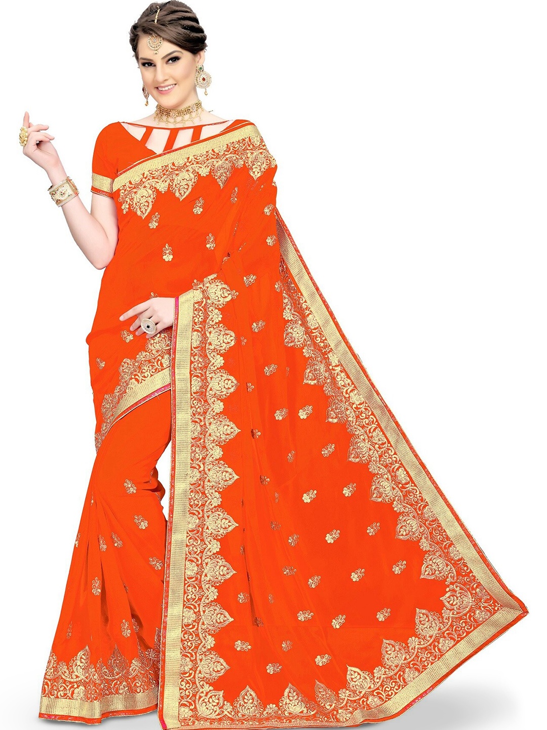 

Kedar Fab Ethnic Motifs Embroidered Saree, Orange