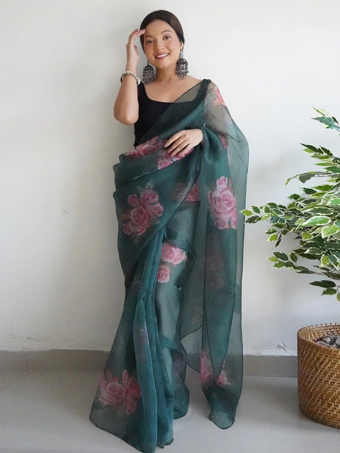 

Kedar Fab Floral Printed Organza Saree, Green