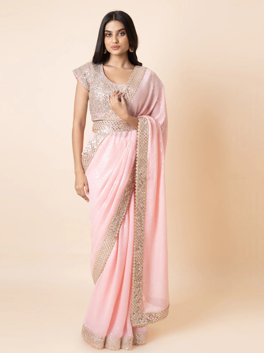 

Kedar Fab Embellished Organza Saree, Pink